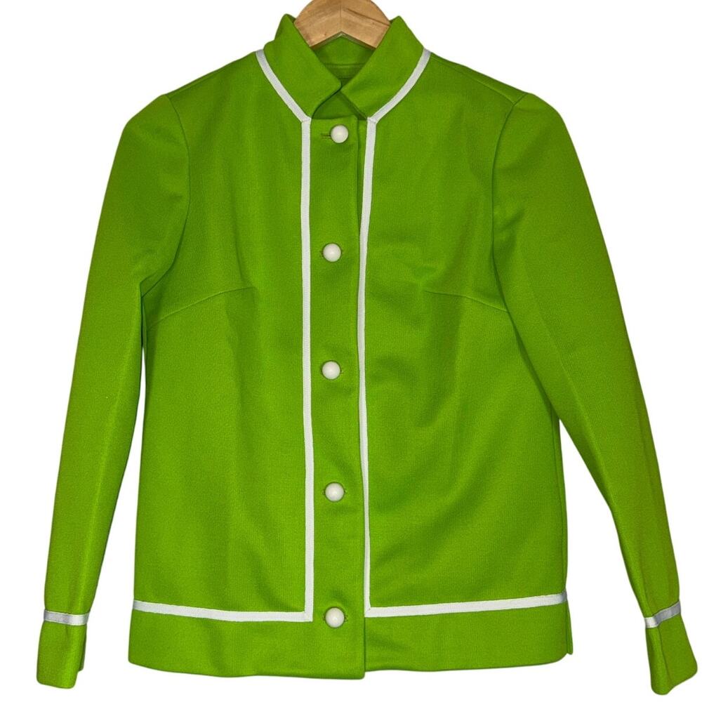 Vintage 60s Lime Green Lady Jacket Size Small Mod Retro Stand Up Collar Cropped